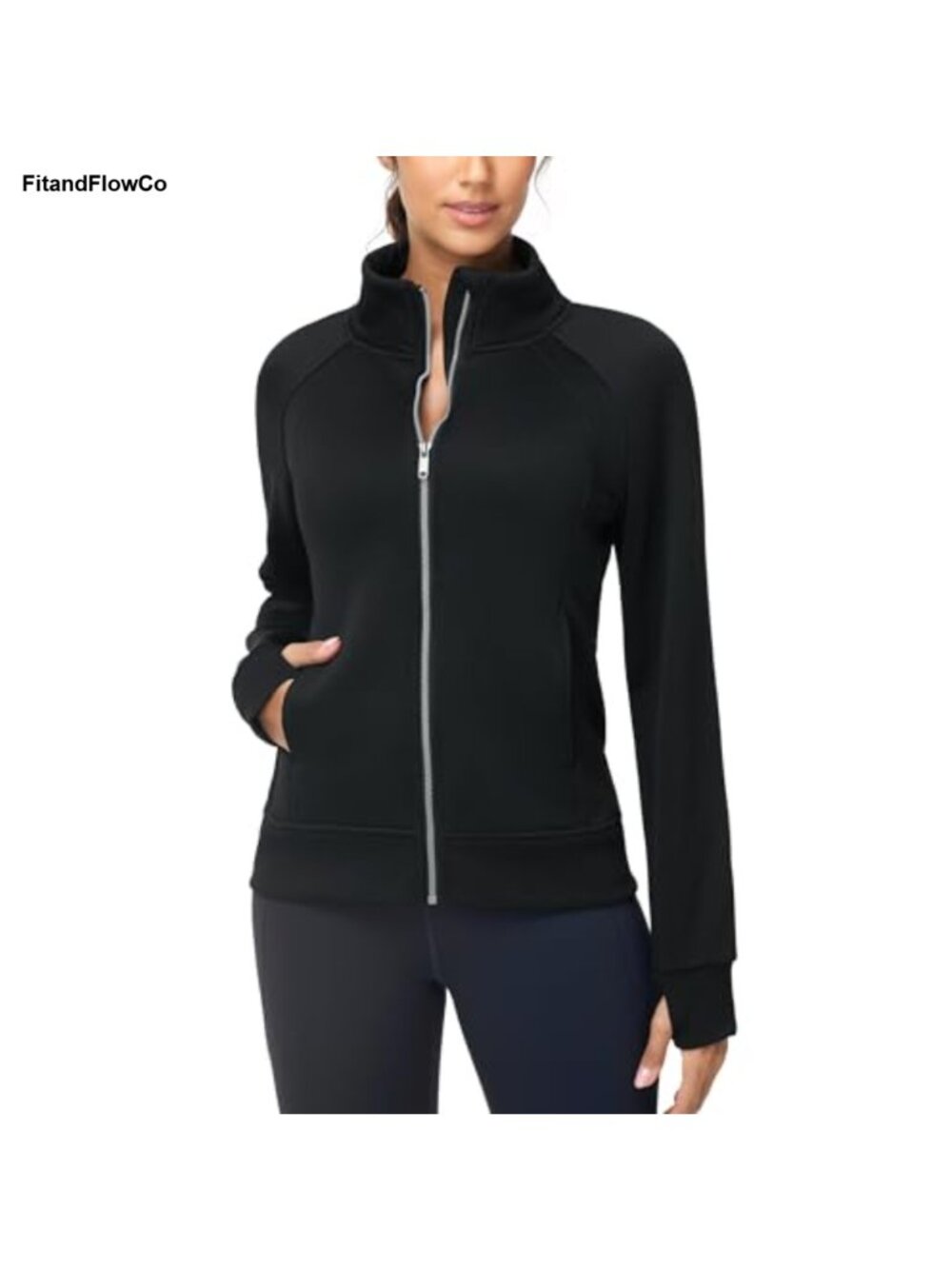 Women's Full Zip Fleece Sweatshirt Stand Collar Thumb Holes Workout Jacket
